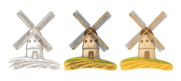 Moulin à vent sur champ de blé. Illustration de gravure couleur vectorielle vintage — Image vectorielle