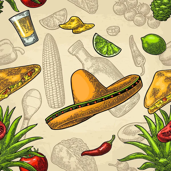 Modèle sans couture nourriture mexicaine. Tequila en verre, bouteille, sombrero, tacos, légumes . — Image vectorielle