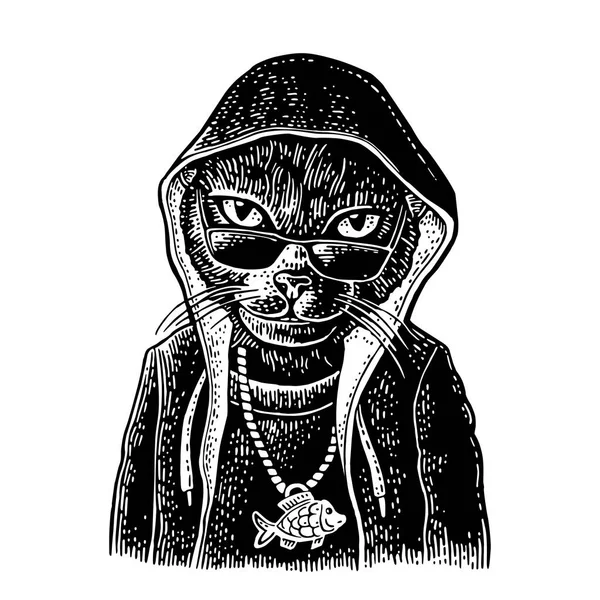 Katt rappare klädd i hoodie, halsband med fisk. Vintage gravyr — Stock vektor