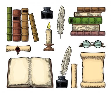 Eğitim ayarlayın. InkWell tüy, kazık kitap, gözlük, mum ile.