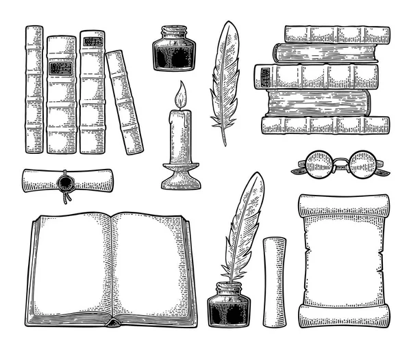 Eğitim ayarlayın. InkWell tüy, kazık kitap, gözlük, mum ile.