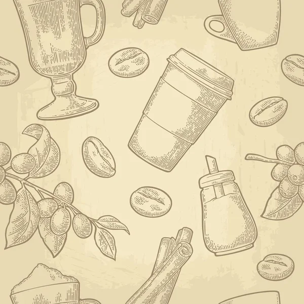 Varrat nélküli mintát üveg latte, cukor, bab, ág, a babérlevél és bogyó. — Stock Vector