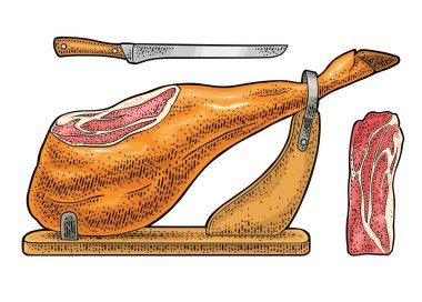 Domuz kafası, yatay ahşap stand üzerinde jamon bacak. Vektör gravür