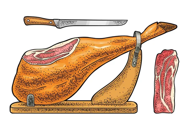 Głowa świni, noga Jamon na poziomej drewnianym stojaku. Grawerowanie wektorowe — Wektor stockowy