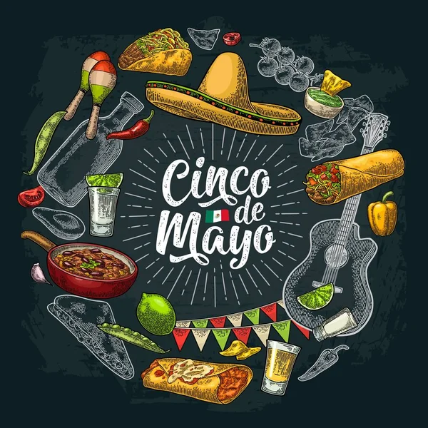 Forme de cercle mis gravure alimentaire mexicaine. Lettrage Cinco de Mayo . — Image vectorielle