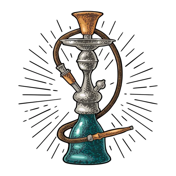 Hookah with rays. Vector vintage engraving color illustration isolated on white — Stock Vector