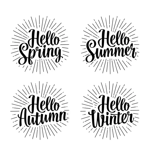 Να ορίσετε τέσσερις εποχές αυτοκόλλητα. Γεια σας, χειμώνα, άνοιξη, καλοκαίρι, φθινόπωρο γράμματα — Διανυσματικό Αρχείο