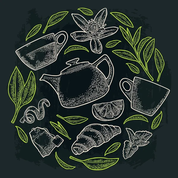 Dal ve yaprak çay ile dikişsiz desen çay. Vektör vintage gravür — Stok Vektör