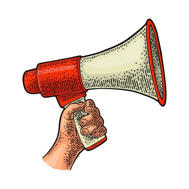 Erkek el hoparlörü tutuyor. Vintage vektör siyah gravür