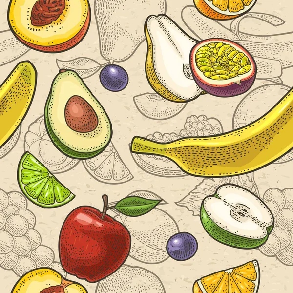Definir frutas tropicais. Gravura vetorial na textura do papel artesanal — Vetor de Stock
