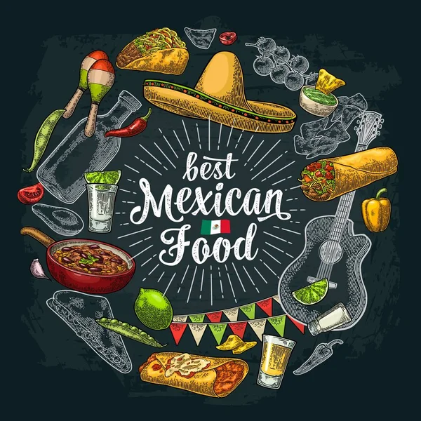 Circle shape set mexican food engraving illustration on dark — Stock Vector