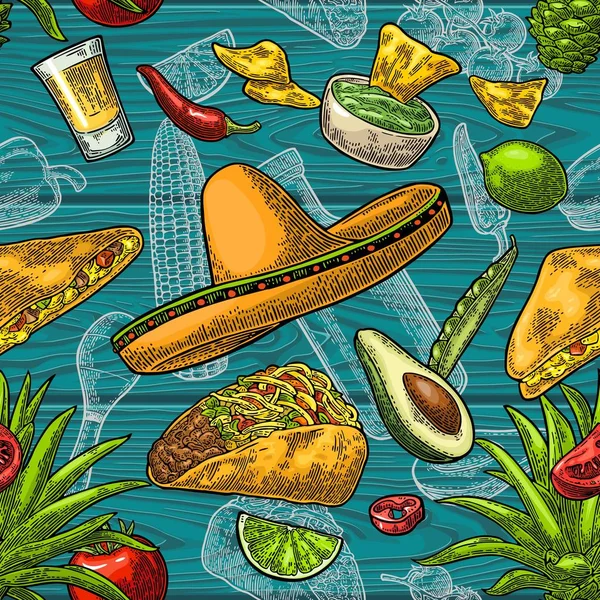 Modèle de menu restaurant mexicain traditionnel. Gravure vectorielle couleur — Image vectorielle