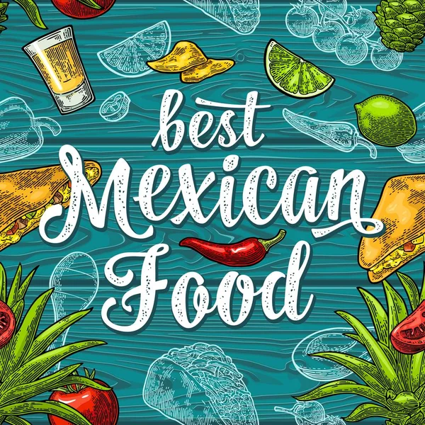 最高のメキシコ料理手書き文字とヴィンテージ彫刻 — ストックベクタ