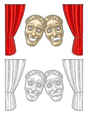 Komedi ve trajedi tiyatro maskeleri. Vektör gravür vintage renk illüstrasyon
