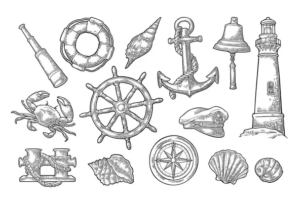 Ancla, rueda, pilona, sombrero, rosa brújula, concha, cangrejo, grabado del faro — Archivo Imágenes Vectoriales