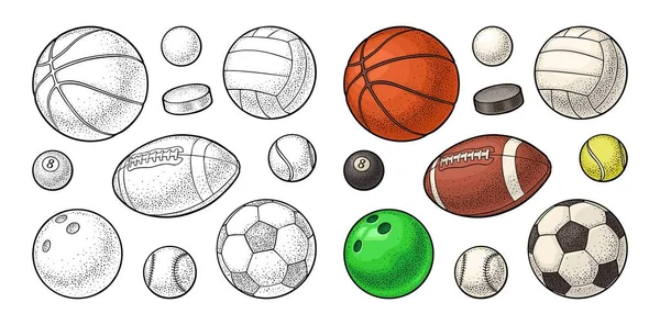 Establecer iconos de pelotas deportivas. Grabado ilustración en color. Aislado sobre blanco — Vector de stock