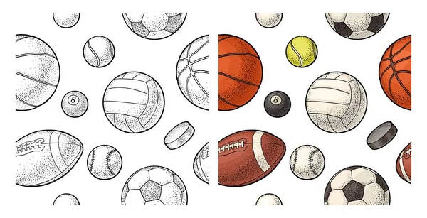 Patrón sin costuras diferentes tipos de pelotas deportivas. Vintage vector de color grabado — Vector de stock