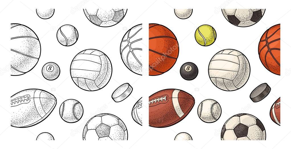 Seamless pattern different kinds sport balls. Vintage color vector engraving