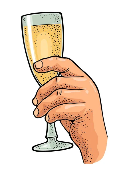 Mannelijke hand houden glas Champagne. Vintage vector kleur gravure — Stockvector