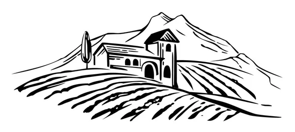 Сельский пейзаж с виллой, виноградные поля, холмы. Винтажная векторная иллюстрация — стоковый вектор