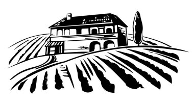 Villa, bağ alanları, tepeler ile kırsal manzara. Vintage vektör illüstrasyon