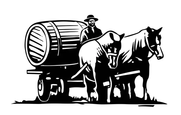 The horse carries a cart with a wine barrel and a driver — Stock Vector