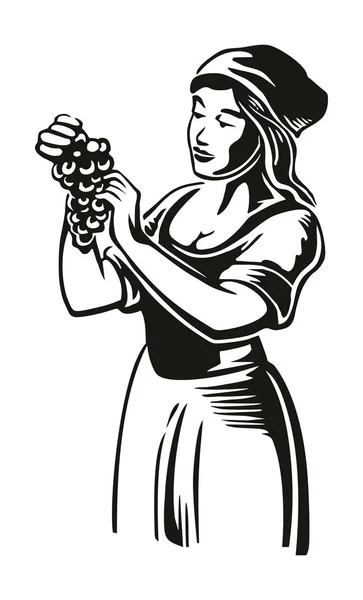 Ženy sklízejí hrozny na vinici. Černý vinobraní vektorové gravírování ilustrace pro štítek, plakát, ikona, web design. — Stockový vektor