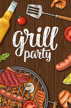 Dikey poster Barbekü ile. Izgara partisi kaligrafi el yazısı yazı.