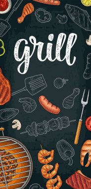 Bbq ile dikey poster. Izgara menüsü kaligrafik el yazısı harfleri.