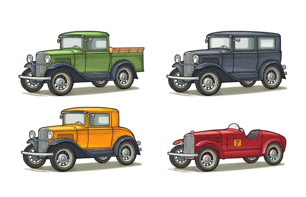 Carro retro sedan, cupê, roadster e pickup. Gravura vintage —  Vetores de Stock