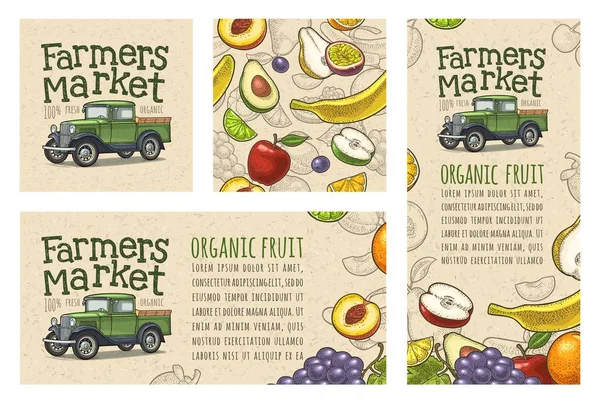 Retro pickup caminhão gravura. Letras manuscritas Mercado de agricultores —  Vetores de Stock