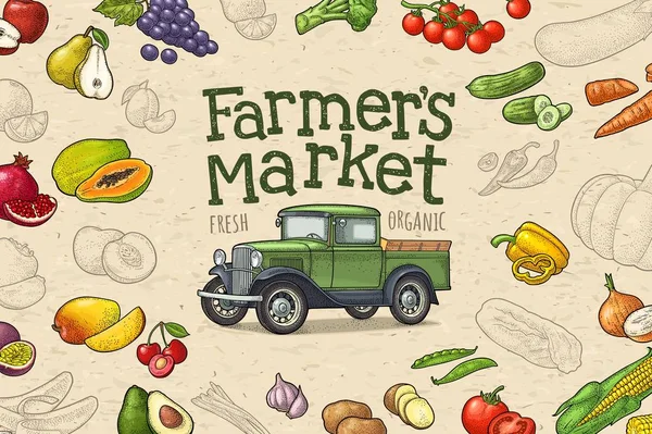 Retro pickup caminhão, frutas e vegetais gravura. Letras Mercado dos agricultores —  Vetores de Stock