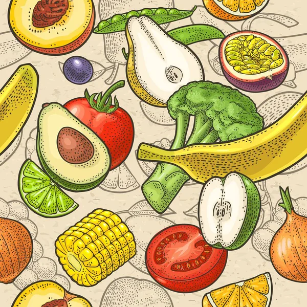 Motif sans couture fruits et légumes. Gravure vectorielle sur papier artisanal — Image vectorielle