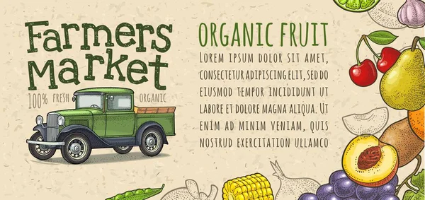 Retro pickup truck, fruit, groenten gravure. Handschrift belettering boerenmarkt — Stockvector