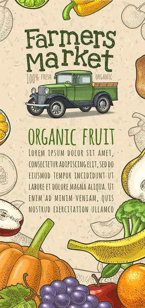 Retro pickup truck, fruit, groenten gravure. Handschrift belettering boerenmarkt — Stockvector