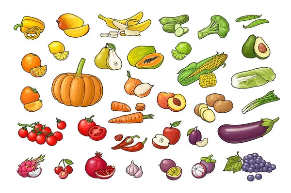 Establecer verduras y frutas. Color vectorial grabado plano — Vector de stock