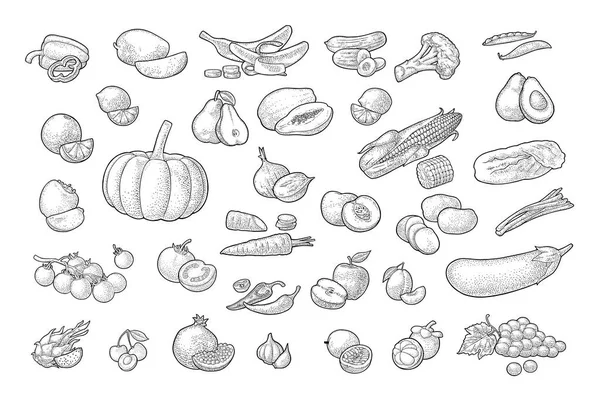 Definir legumes e frutas. Vector gravura vintage preto — Vetor de Stock