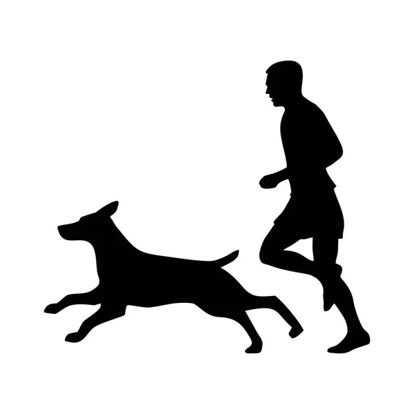 L'uomo e il pastore scappano. Cane e persone silhouette. Icona del vettore — Vettoriale Stock