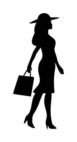 ハンドバッグを持った女性シルエットを歩く人々。ベクトルブラックフラットアイコン — ストックベクタ