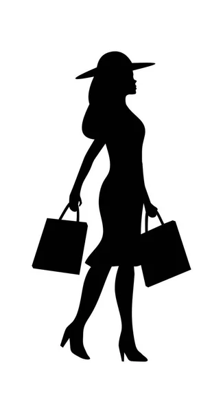 Vrouw Holding handtas. Mensen lopen silhouet. Vector zwart plat pictogram — Stockvector