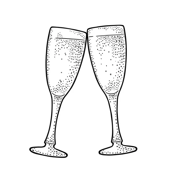 Két csengő pohár pezsgőt. Vintage fekete vektor gravírozás — Stock Vector