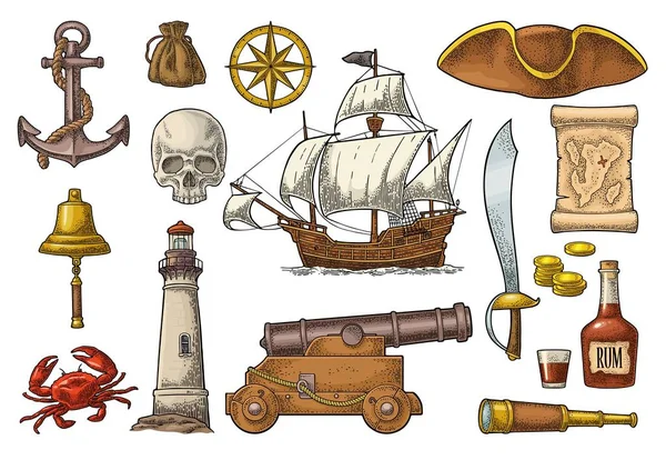 Establecer aventura pirata. Color vectorial grabado vintage — Vector de stock