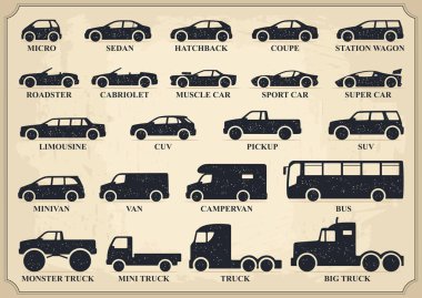 Araba türü simgeleri ayarlanır. Vektör siyah vintage illüstrasyon