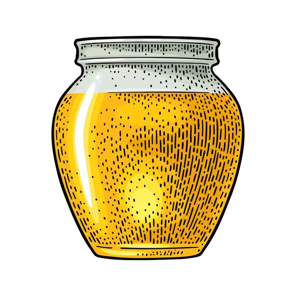 Стеклянная банка с медом. Векторный цвет гравировки — стоковый вектор