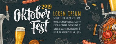 Oktoberfest 2019 festivaline yatay afiş. Vintage renk vektör gravür