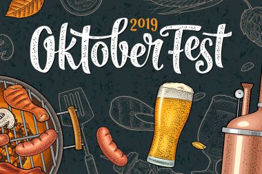 Oktoberfest 2019 festivaline yatay afiş. Vintage renk vektör gravür