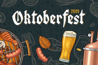 Oktoberfest 2019 festivaline yatay afiş. Vintage renk vektör gravür