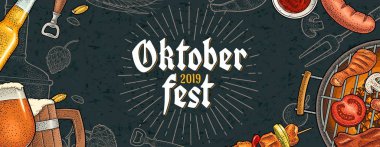 Oktoberfest 2019 festivaline yatay afiş. Vintage renk vektör gravür