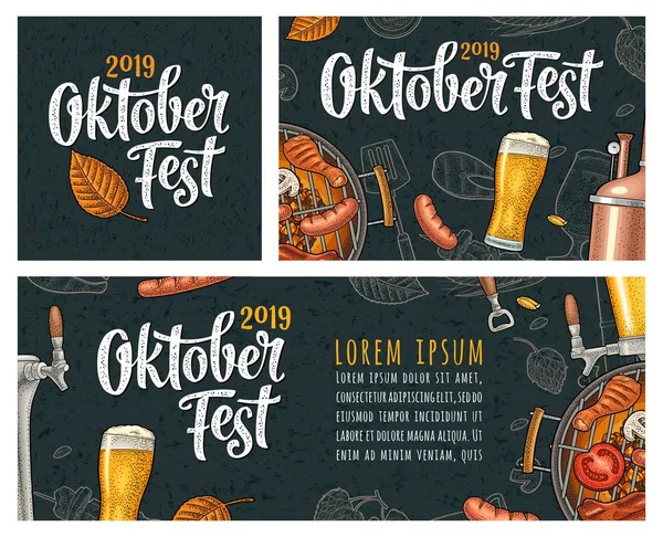 Horizontale posters naar oktoberfest 2019 festival. Vintage kleur vector gravure — Stockvector