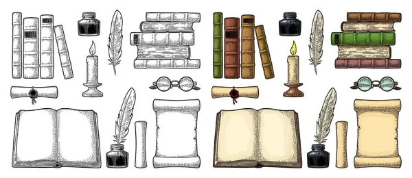 Σετ εκπαίδευσης. Πέννα-Χαρτοκόπτης φτερό, σωρό βιβλία, γυαλιά, κερί. — Διανυσματικό Αρχείο